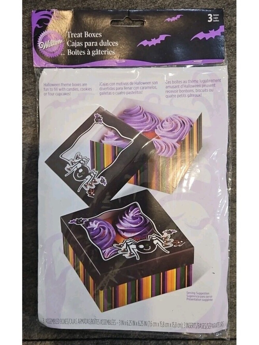 HALLOWEEN TREAT BOXES SPIDER 3 In Package 6.25”x6.25” /3 Inserts/bases (Wilton)